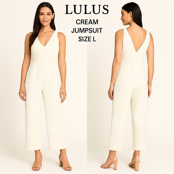 Lulus Cream Textured V-Neck Sleeveless Wide-Leg Jumpsuit L NWT - Picture 1 of 13